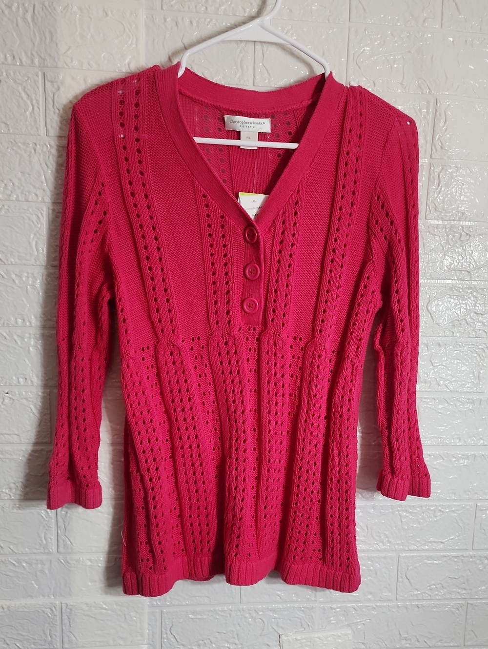 Christopher & Banks Bright Pink V-Neck Button Sweater